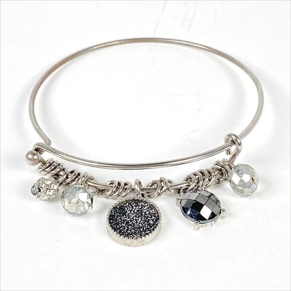 Silver Tone Charm Bracelet Wire Dangle Gray Crystal Rhinestone Bangle Jewelry - Picture 1 of 6